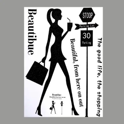 Наклейка пластик интерьерная чёрная "Девушка с покупками" блёстки 50х70 см, 7040459