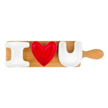 Фото для Набор 3 сервировочных блюд "I love you" (сердце красное), на деревянной подставке, 42x11x4 см, 540306