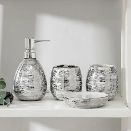 Фото для Набор аксессуаров для ванной комнаты «Нити», 4 предмета (мыльница, дозатор 400 мл, 2 стакана), серебряный, 7067994