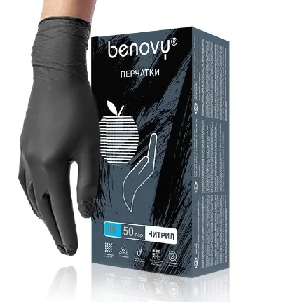 Фото для Перчатки нитриловые черные (М) BENOVY смотровые текстурированные на пальцах, 50 пар