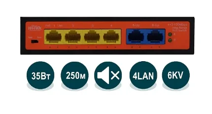 Фото для Неуправляемый коммутатор WI-PS205H порты 4 PoE FE+2FE, 35 Вт, 10BASE-T,100BASE-TX, 802.3 af/at, 2K