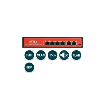 Фото для Неуправляемый коммутатор Wi-Tek WI-PS205 v2 PoE 65 Вт, порты 4PoEFE+2FE, режим 250м и VLAN Watchdog