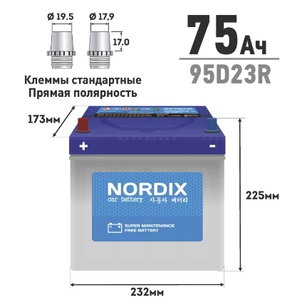 Фото для Аккумулятор Nordix 95D23R, 75Ач, CCA 650А, необслуживаемый