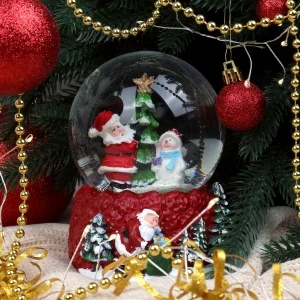 Фото для Шар снежный Дед Мороз и снеговик заводной музыкальный стеклянный 10см