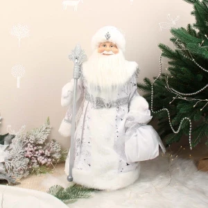 Фото для Фигурка декоративная Дед Мороз в белом наряде с серебристой отделкой текстиль 48см