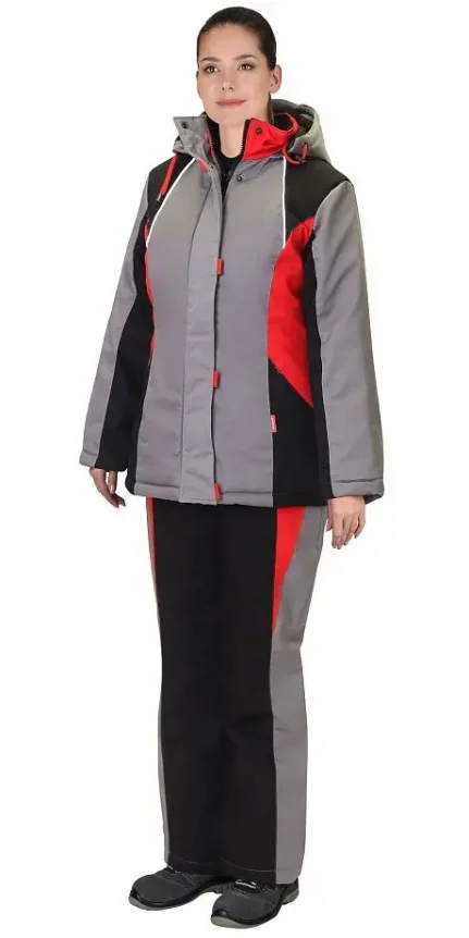 Фото для Костюм зимний женский "Сибирячка" куртка, п/к серый с черн и красным