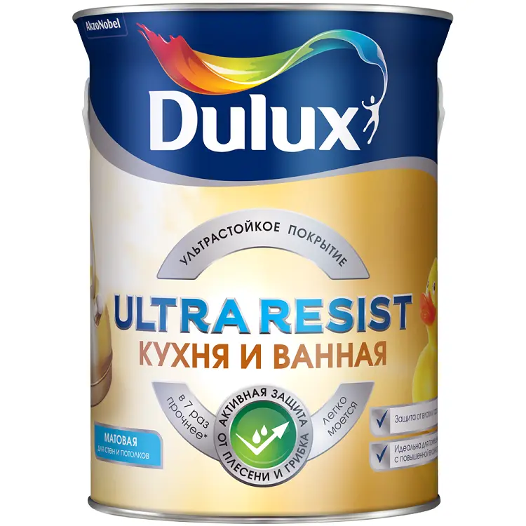 Краска в/д для кухни и ванной, матовая Dulux Ultra Resist BW 5 л AkzoNobel