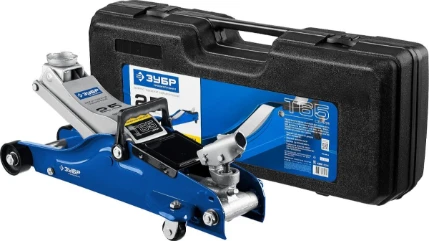 Фото для ЗУБР Т-65, 2.5 т, 90 - 360 мм, подкатной домкрат с низким подхватом и поворотной ручкой в кейсе, Профессионал (43057-2.5-K)