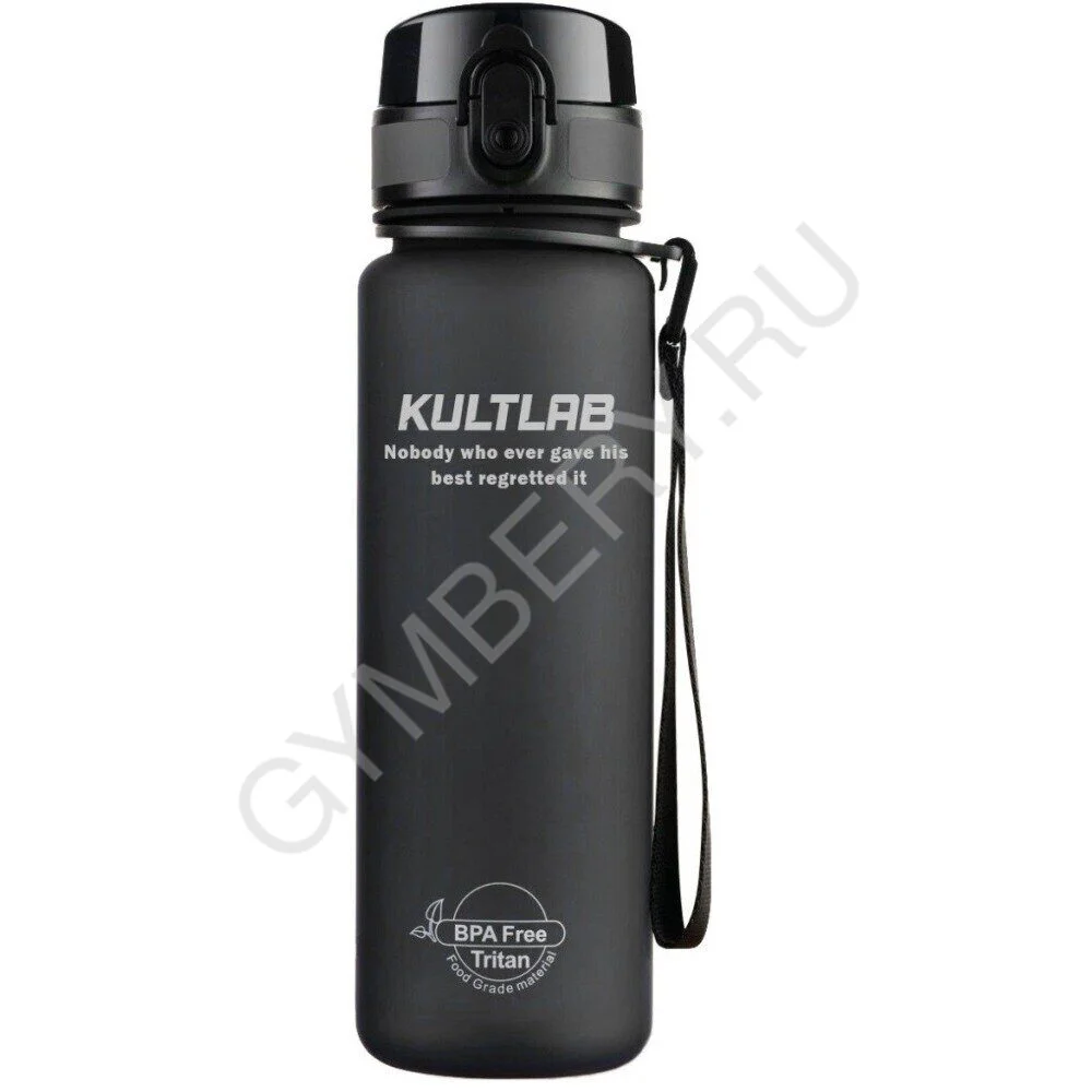 KultLab Бутылка для воды ТРИТАН, 900мл, Чёрная с белым лого, арт. 0114006