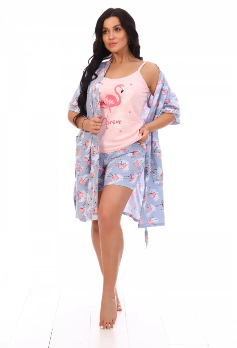 Комплект женский домашний майка шорты халатик Фламинго