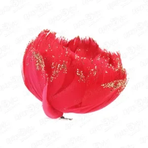 Фото для Украшение елочное цветок красный из перьев с блестками 9см